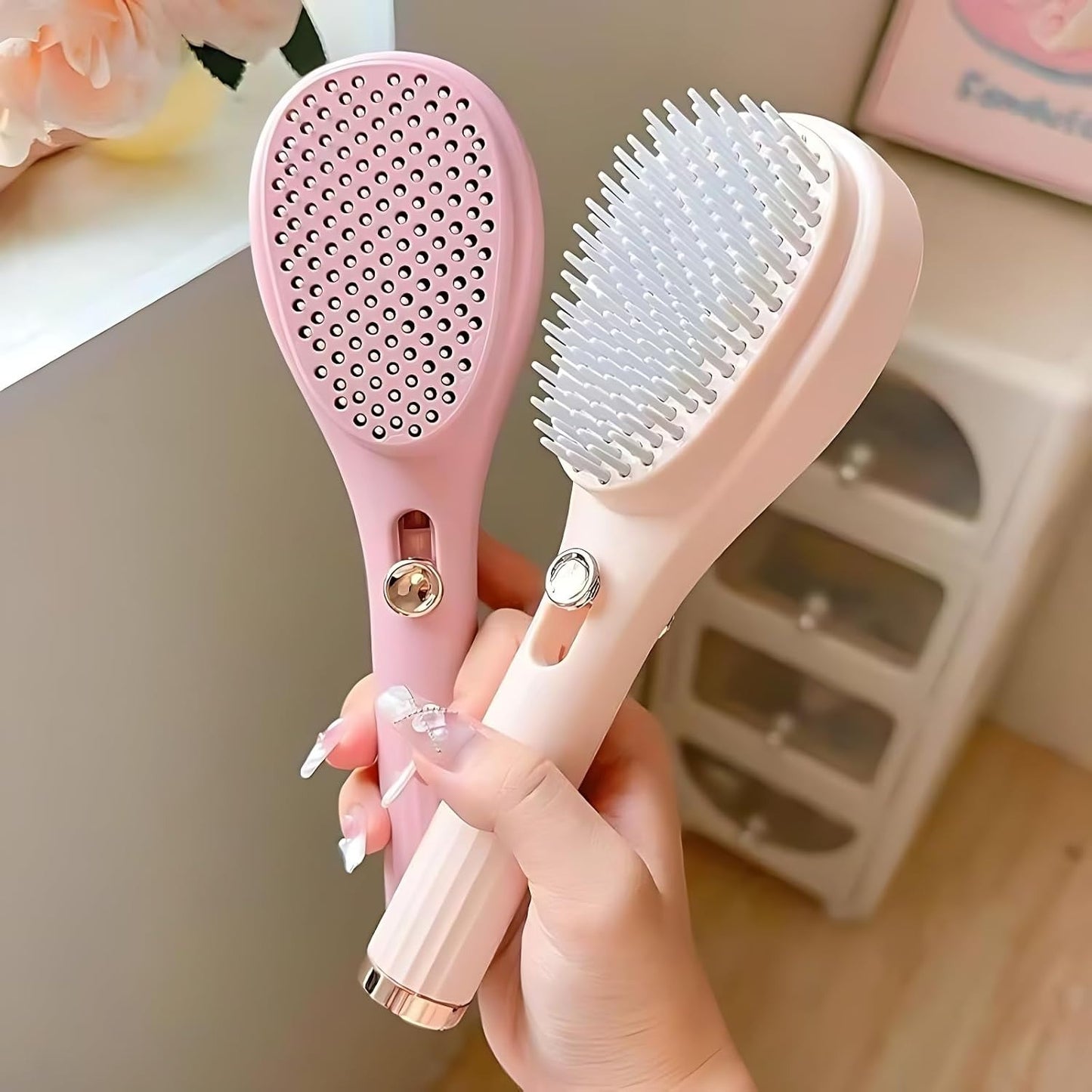 Ebize Self-Cleaning Retractable Hair Brush – One-Push Hair Removal Massage Comb for All Hair Types